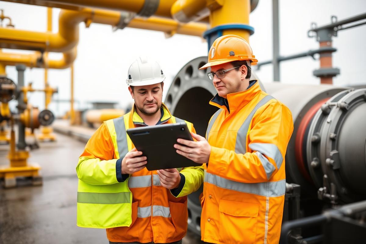 Engineers reviewing data on a tablet beside a pipeline manifold
